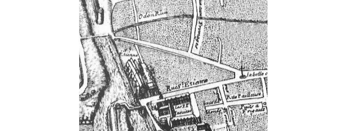 Détail d'un plan de Caen datant du XVIIe siècle et montrant, derrière le rempart ouest, le cours du Petit Odon, la rue aux Fromages, la rue Écuyère, la place Belle Croix, la rue Saint-Etienne-le-Vieil et le collège des Jésuites. On comparera aussi avec le plan de l'article « Caen – un patrimoine exceptionnel »