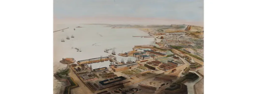 Cherbourg, vue prise au-dessus du port militaire ; Voyage aérien en France. Par Guesdon Alfred. Estampe du XIXe siècle.