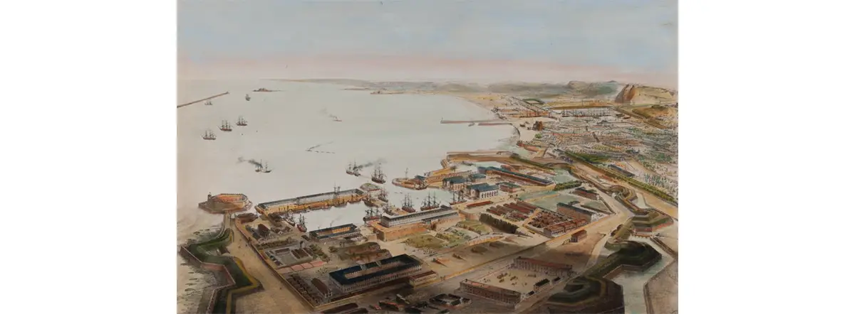 Cherbourg, vue prise au-dessus du port militaire ; Voyage aérien en France. Par Guesdon Alfred. Estampe du XIXe siècle.