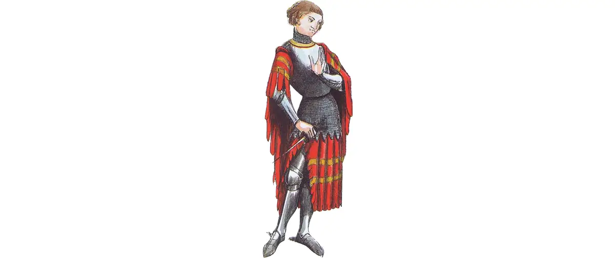 Chevalier vers 1350. Sa cotte en "queue d'écrevisse", a été mis aux armes des Harcourt. Tel pourrons-nous nous imaginer Geoffroy d'Harcourt.