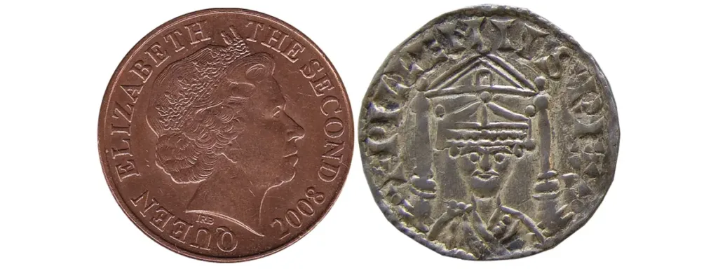 Pièce de 2 pence à l’effigie d’« Elizabeth the second », frappée à Jersey en 2008. (DR) ; penny d’argent de Guillaume le Conquérant frappé à Londres.