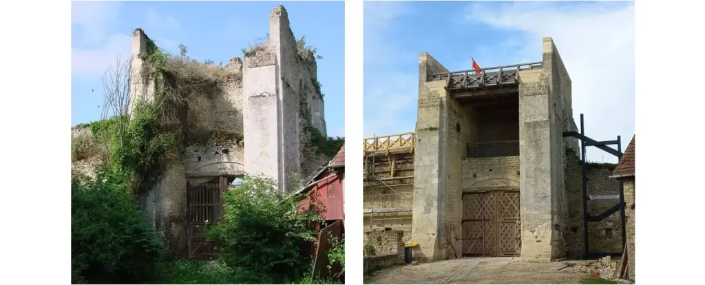 Avant/après. Restauration de la tour-porte d’entrée de Châteauneuf-sur-Epte. (© Didier Faure)
