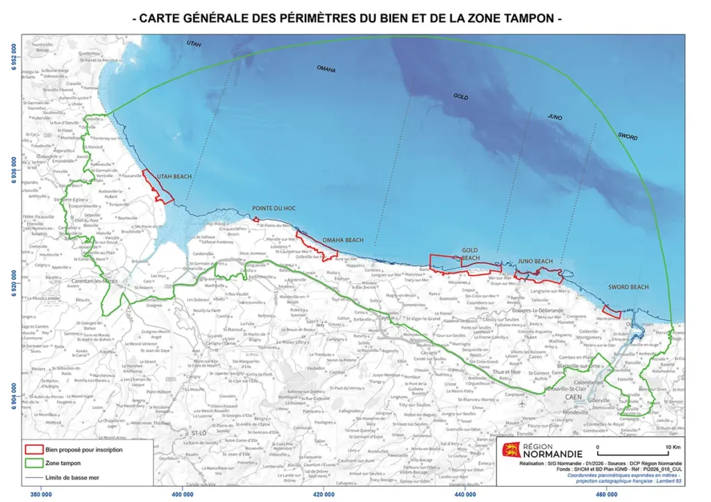 Carte des périmètres retenus dans la candidature des « Plages du Débarquement de Normandie, 1944 »