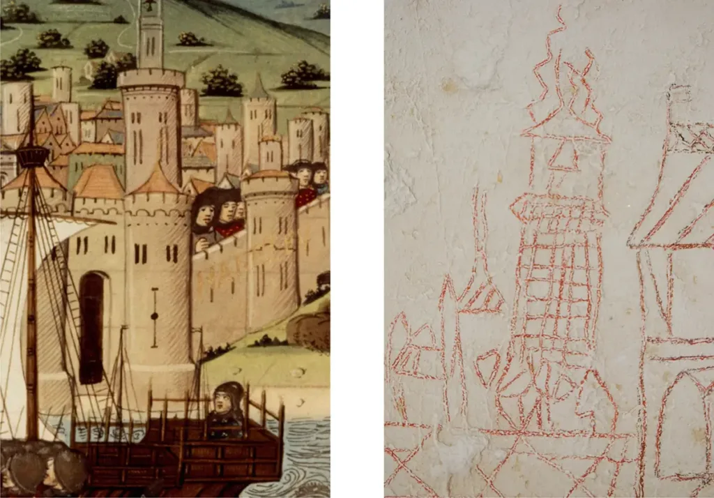 Grâce à la miniature des Vigiles de Charles VII (photo de gauche) et au graffito de l’église (photo de droite), nous avons une idée relativement précise de l’architecture de la tour.