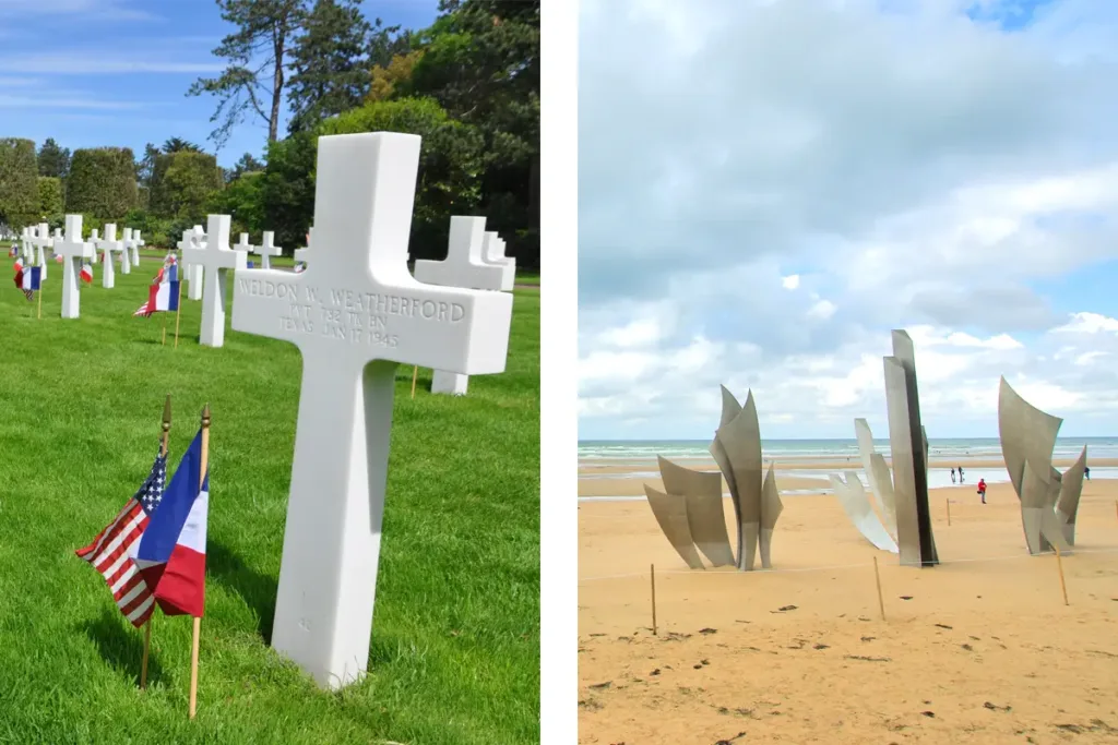 À gauche : le cimetière américain de Colleville-sur-Mer, surplombant la mythique plage d’Omaha Beach, fait partie de l’ensemble inscrit. À droite : Omaha Beach. Au premier plan, Les Braves, oeuvre de l'artiste Anilore Banon, installée sur la plage de Saint-Laurent-sur-Mer, pour le 60e anniversaire du Débarquement.